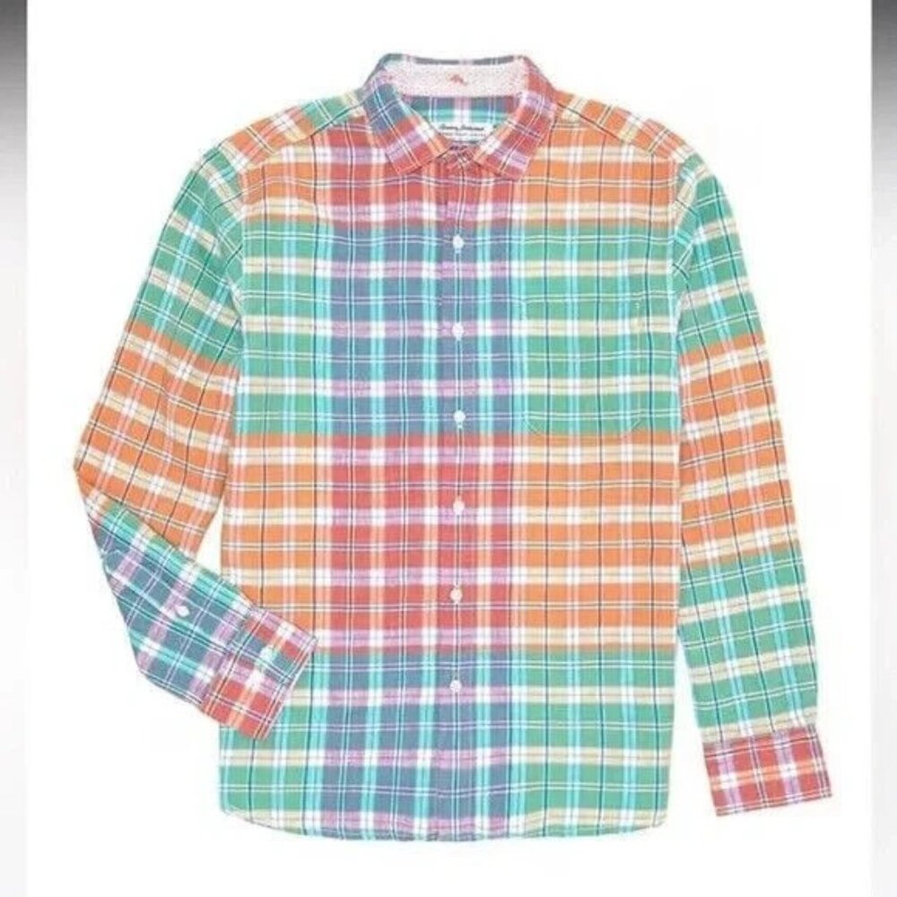 Tommy Bahama Barbados Breeze Stretch Linen Shirt Mens X-Large Peach Melt Plaid - Picture 2 of 7
